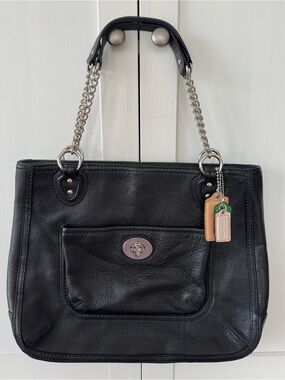 Coach Black Leather Shoulder Bag with Silver-Tone Chain Straps and Turn-Lock